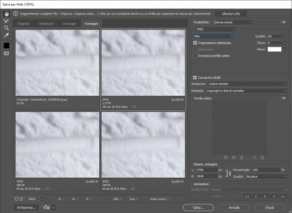 Interfaccia di photoshop in cui si sceglie il tipo di compressione da utilizzare per ottimizzare l'immagine selezionata